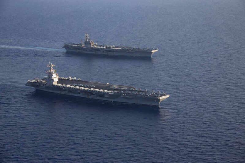 The first-in-class aircraft carrier USS Gerald R. Ford (CVN 78) and the Nimitz-class aircraft carrier USS Dwight D. Eisenhower (CVN 69), pictured in the Mediterranean Sea, November 3, 2023. U.S. Navy Photo
