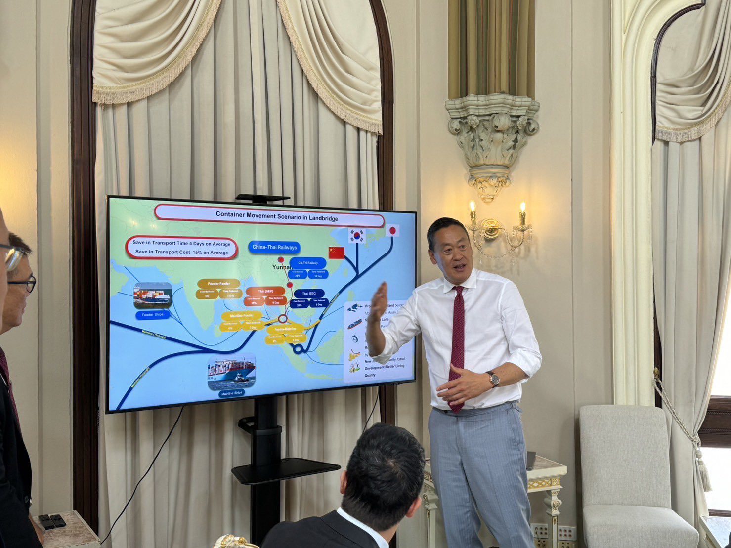 Srettha Thavisin, Prime Minister of Thailand, stands in front of an infographic depicting the Landbridge to bypass the Malacca Strait