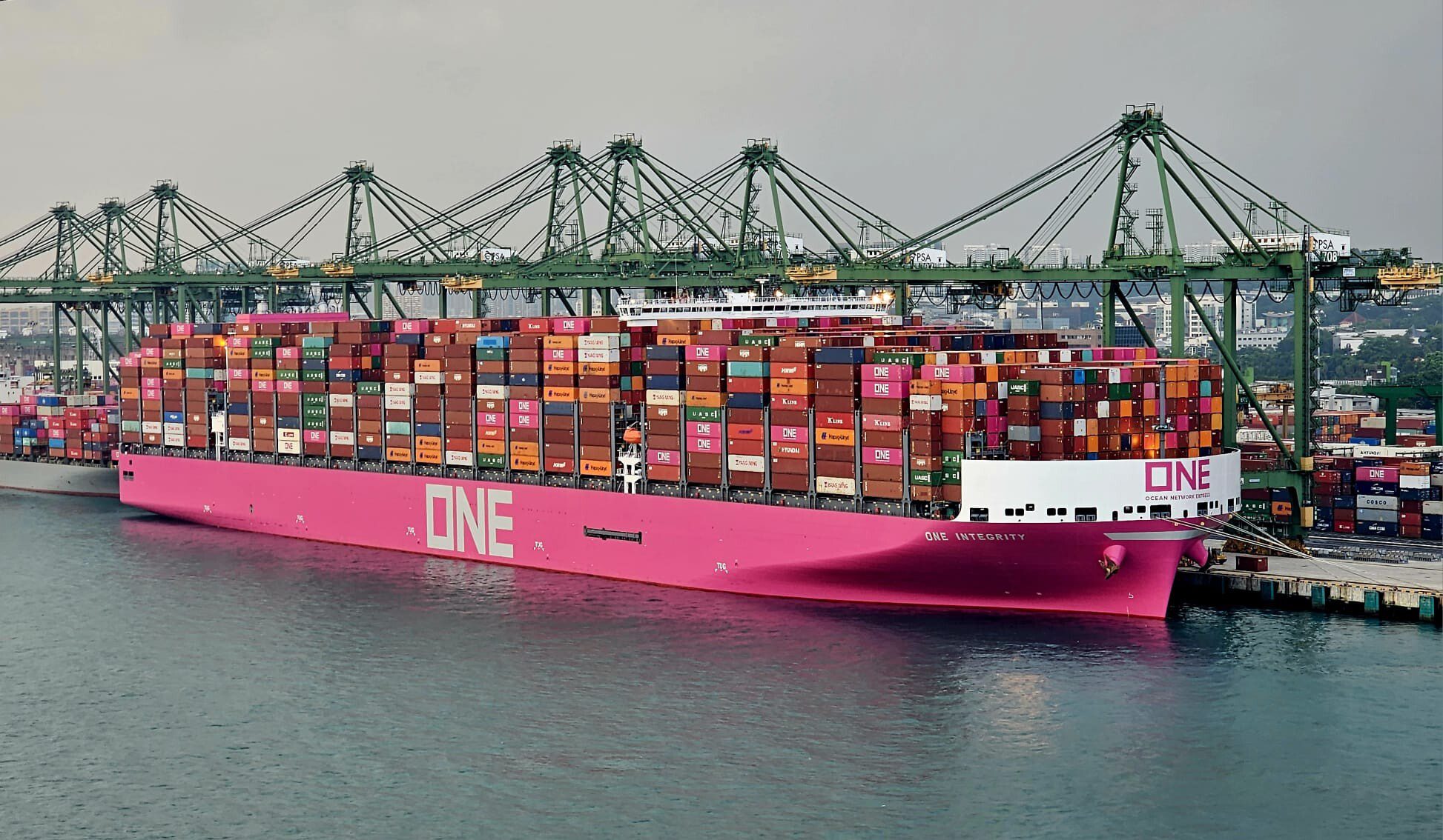 The ONE Integrity with 21,954 TEUs loaded in the Port of Singapore. Photo courtesy ONE