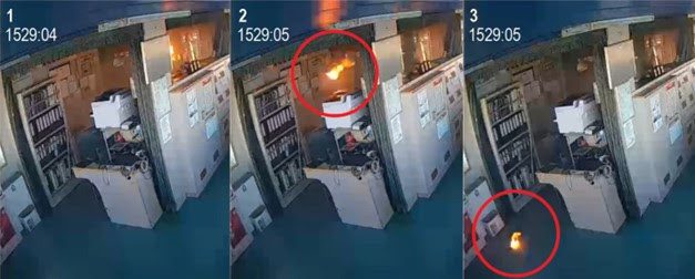 Three photos from the bridge closed-circuit camera showing (1) a second explosion occurs, (2) an object is propelled on fire into the air (circled), and (3) the object, still on fire, landing on the floor. 