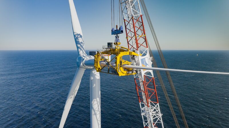 Photo shows the installation of the first offshore wind turbine at South Fork Wind