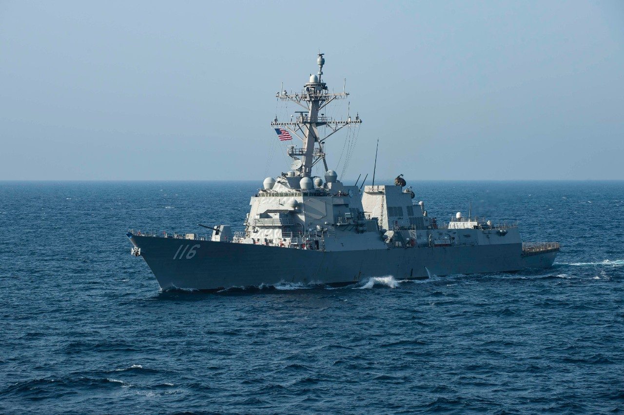 USS Thomas Hudner (DDG-116) steamed in the U.S. Fifth Fleet area of operations in the Arabian Sea to ensure maritime stability and security in the region, 24 April 2021. U.S. Navy photo