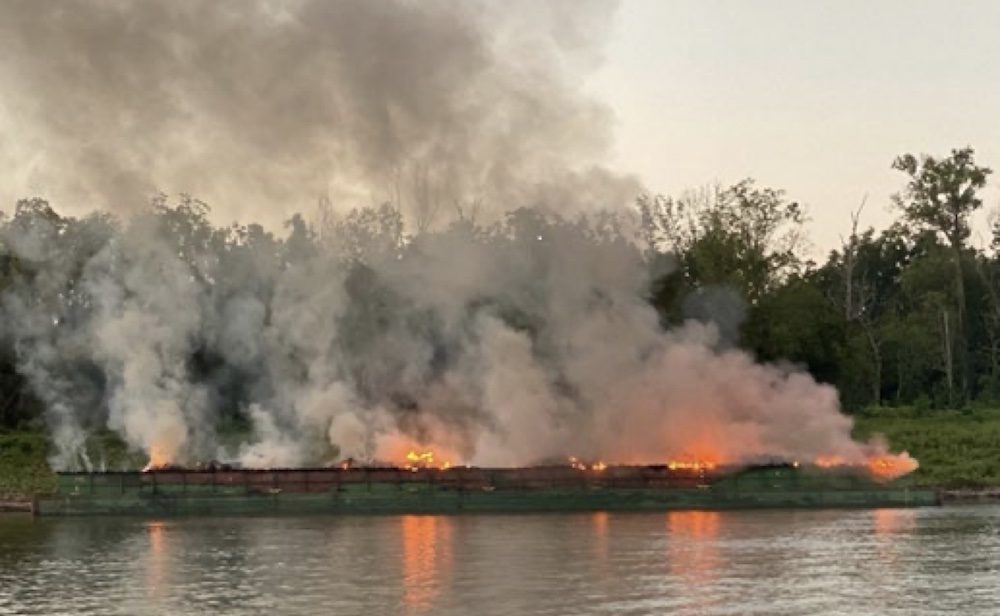 Hopper Barge Fire Loaded with Wood Pellets