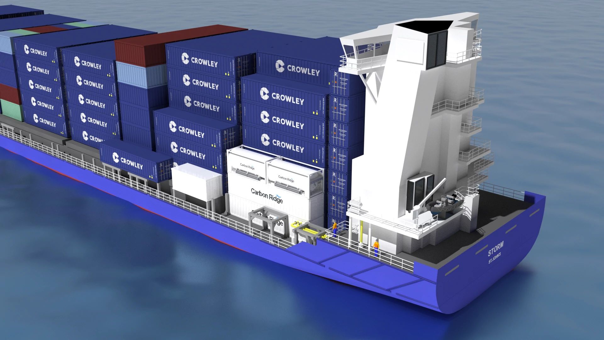 An illustration of Carbon Ridge's pilot carbon capture system installed on the M/V Storm. Image courtesy Crowley