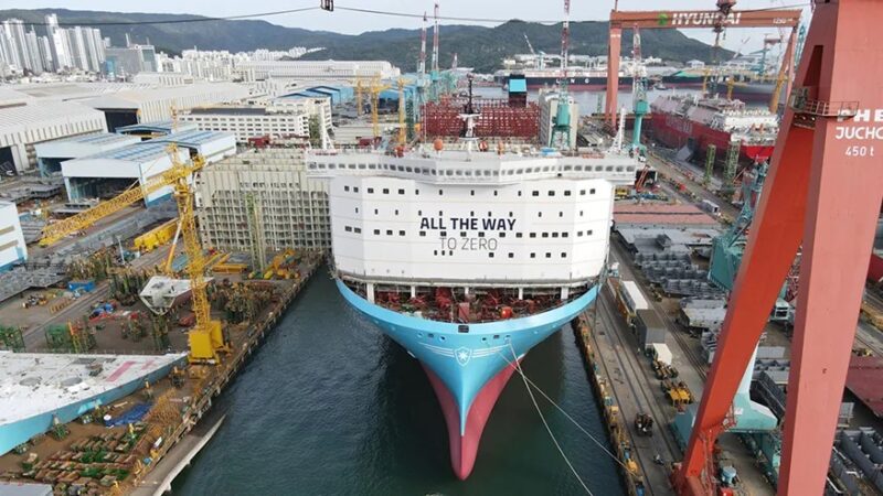 Maersk's first large methanol-fueled containership pictured under construction at Hyunday Heavy Industries in South Korea. Photo courtesy Maersk