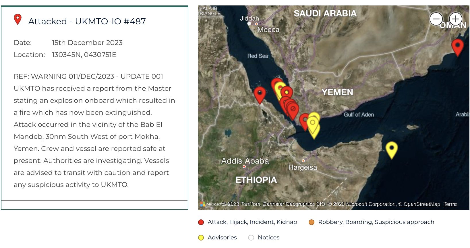 A UKMTO alert about an attack and map showing recent incidents in the region. Image courtesy UKMTO
