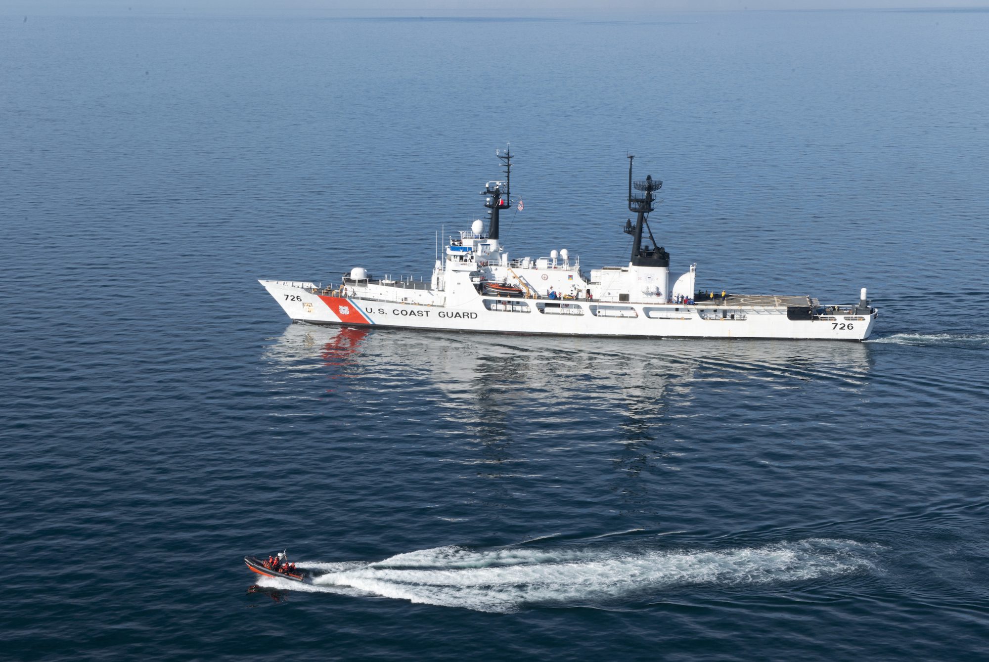 The Coast Guard Cutter Midgett, a 378-foot high-endurance cutter homeported in Seattle, transits the Strait of Juan de Fuca enroute to Seattle, Oct. 13, 2015.