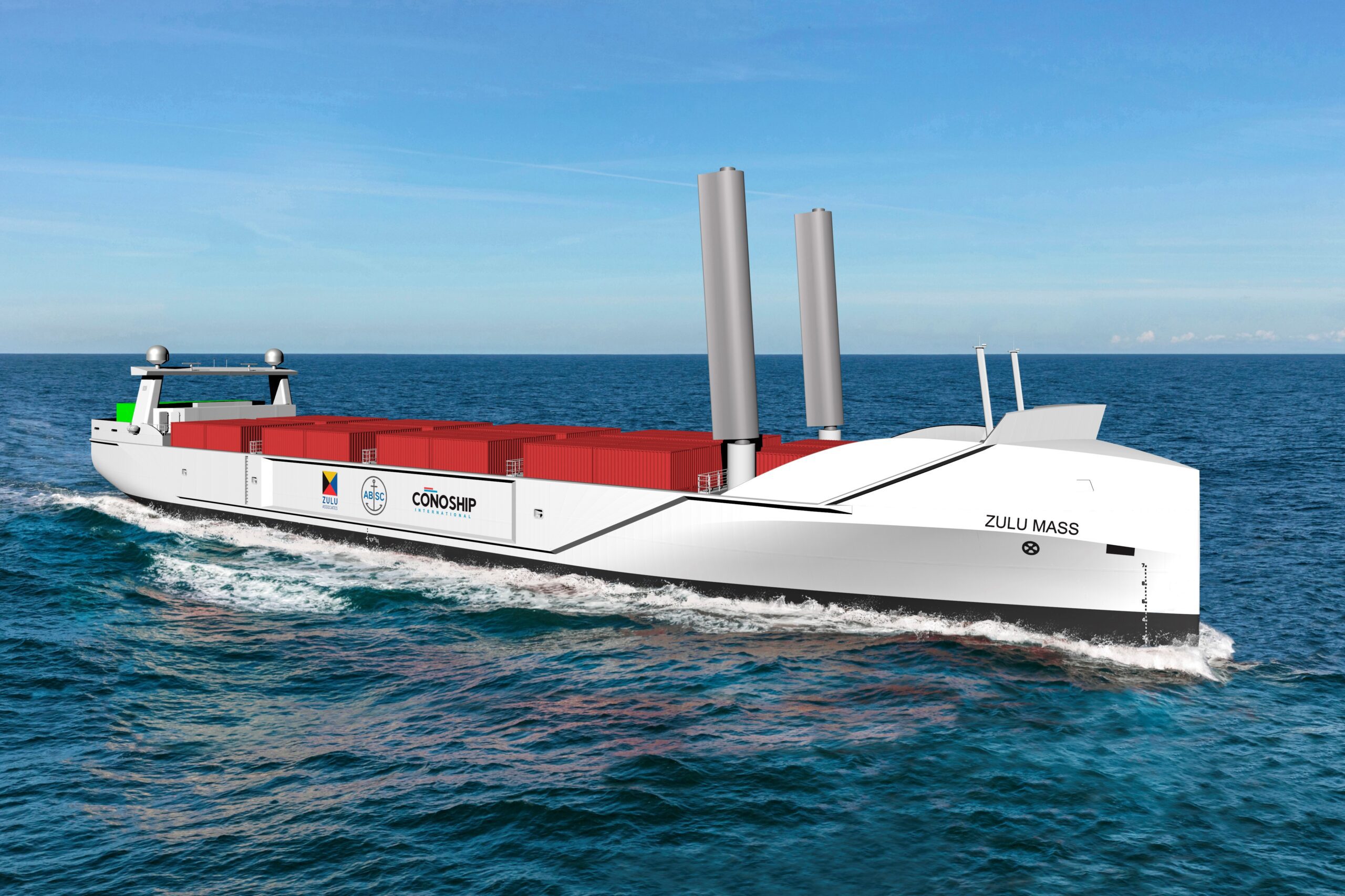 An illustration of the zero-emission autonomous concept feeder vessel ZULU MASS. Image courtesy ZULU Associates/Conoships