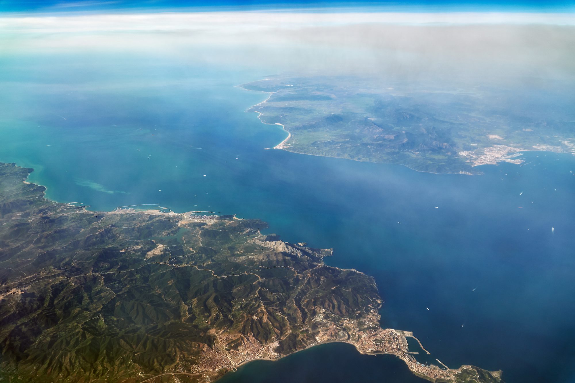 Aerial view of the Strait of Gibraltar connecting Africa and Europe