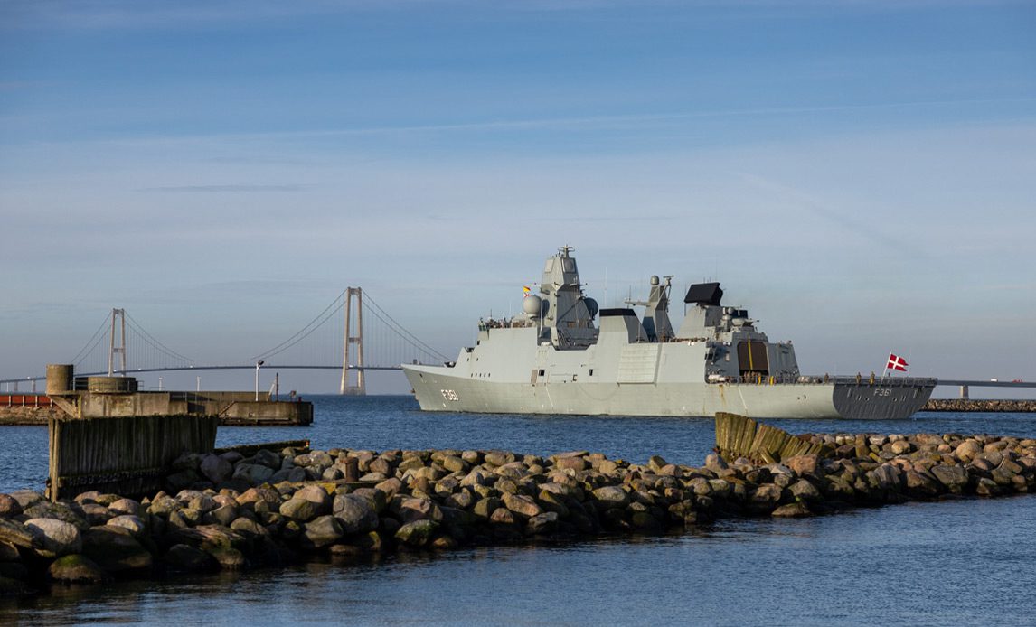 The frigate Iver Huitfeldt sets sail from Korsør, Denmark, January 29, 2024. Photo courtesy Rune Dyrholm / The Armed Forces