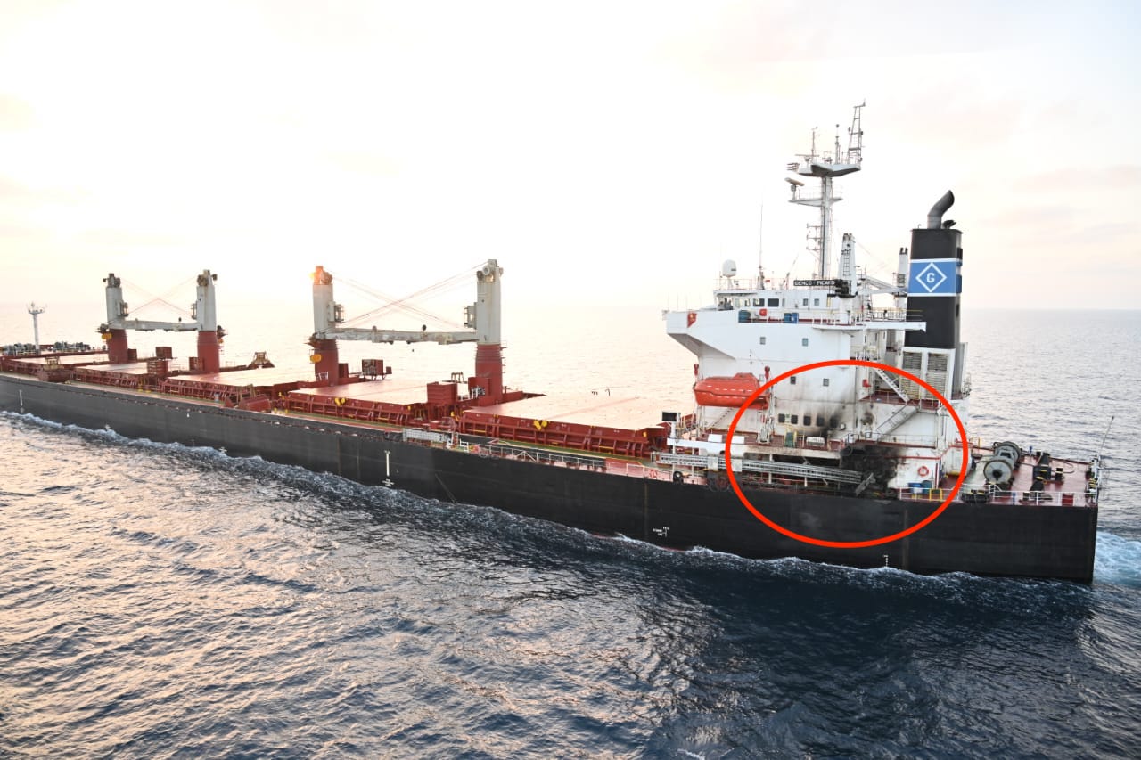 Photos released by the Indian Navy show damages to the M/V Genco Picardy. Photo courtesy Indian Navy