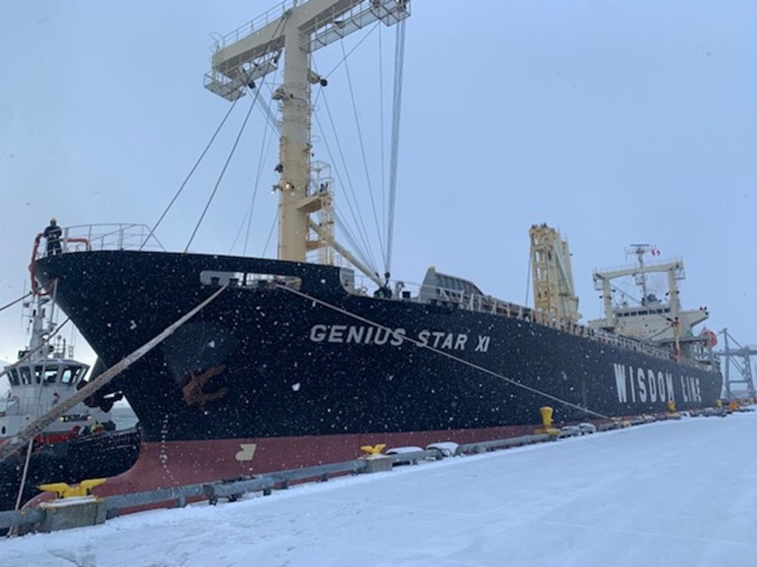 M/V Genius Star XI arrives dockside in Dutch Harbor, Alaska on January 30, 2024. U.S. Coast Guard Photo