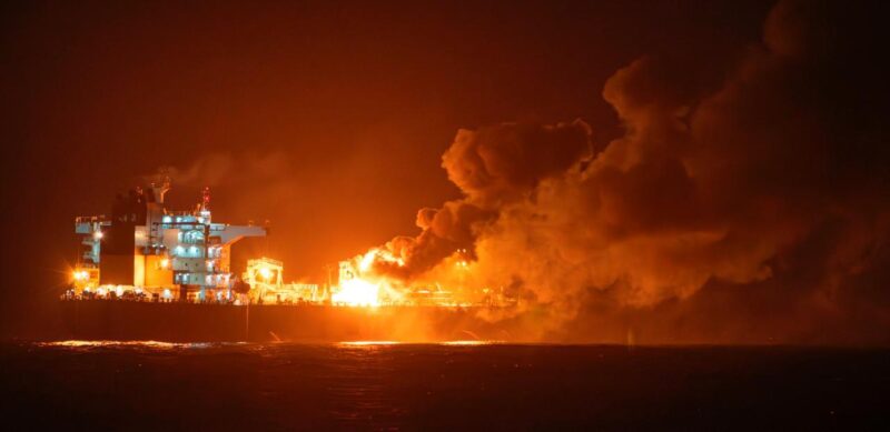 The Marlin Luanda on fire in Gulf of Aden. Photo courtesy French Forces