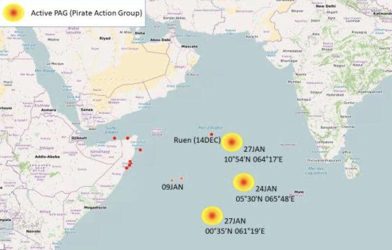 A map showing the locations of suspected Pirate Action Groups (PAGs) in the Indian Ocean, as well as the location of fishing dhow hijackings (red dots). Map courtesy MSCHOA