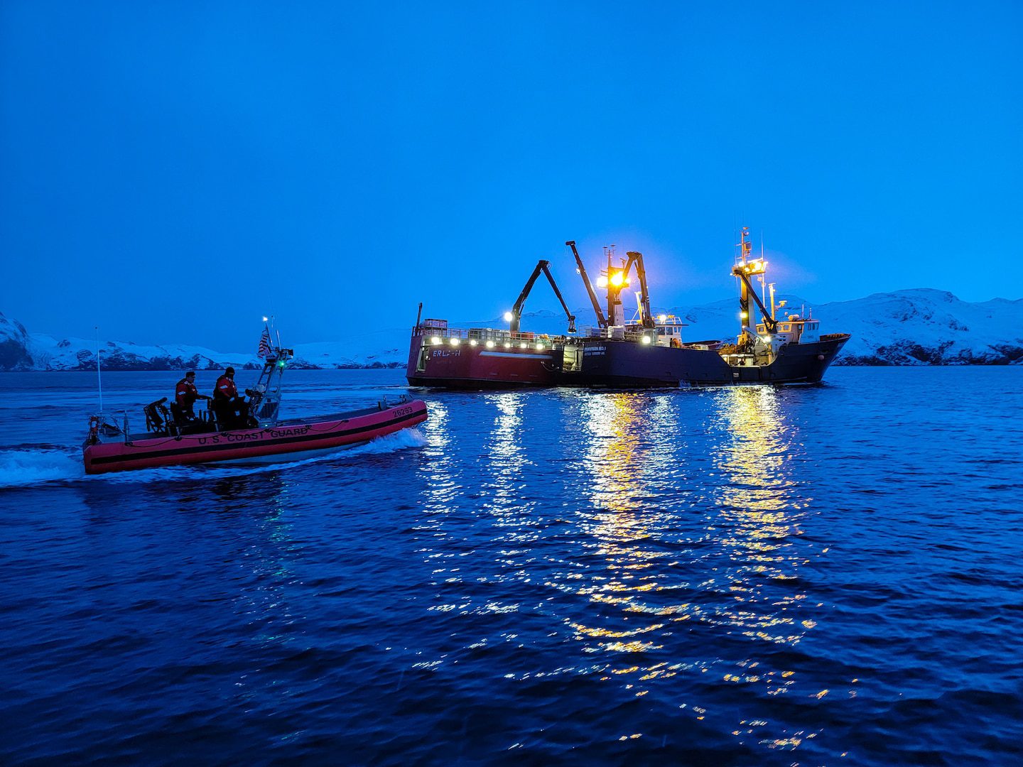 Coast Guard Cutter Alex Haley (WMEC-39) towed disabled fishing vessel Aleutian No. 1 more than 160 miles to safe harbor in Adak, Alaska, Jan. 1, 2024, after it experienced a loss of propulsion 575 miles southwest of Dutch Harbor, Alaska, and was unable to effect repairs.