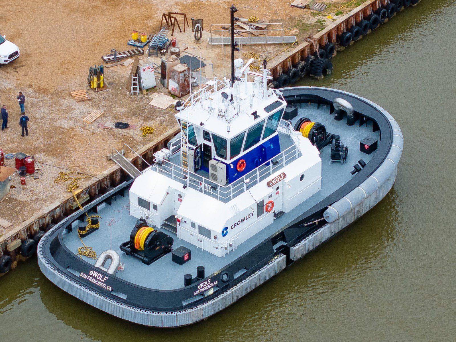 An aerial view of the eWolf all-electric tug