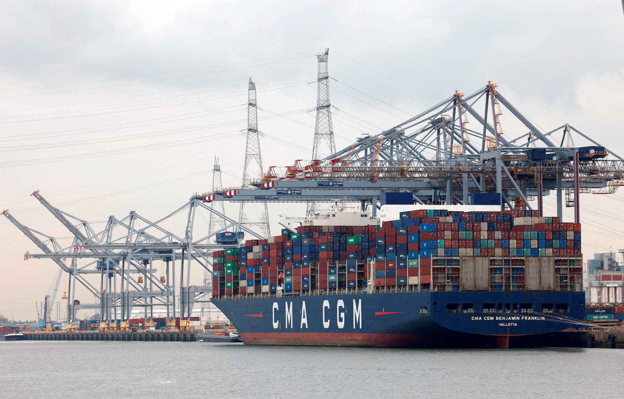 FILE PHOTO: Containers are seen stacked up on the container ship CMA CGM Benjamin Franklin at the port of Antwerp, Belgium September 23, 2022. REUTERS/Yves Herman//File Photo