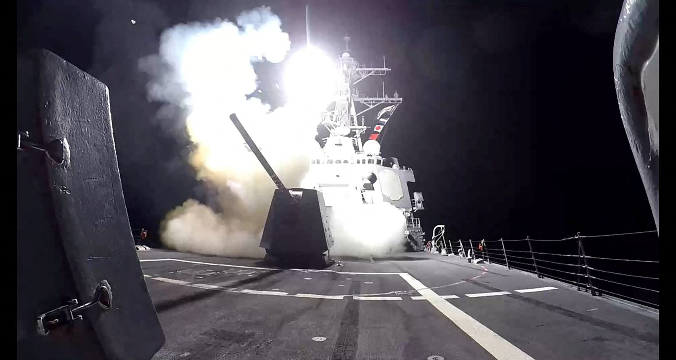 A missile is launched from a U.S. Navy warship against what they describe as Houthi military targets in Yemen.Handout via REUTERS.