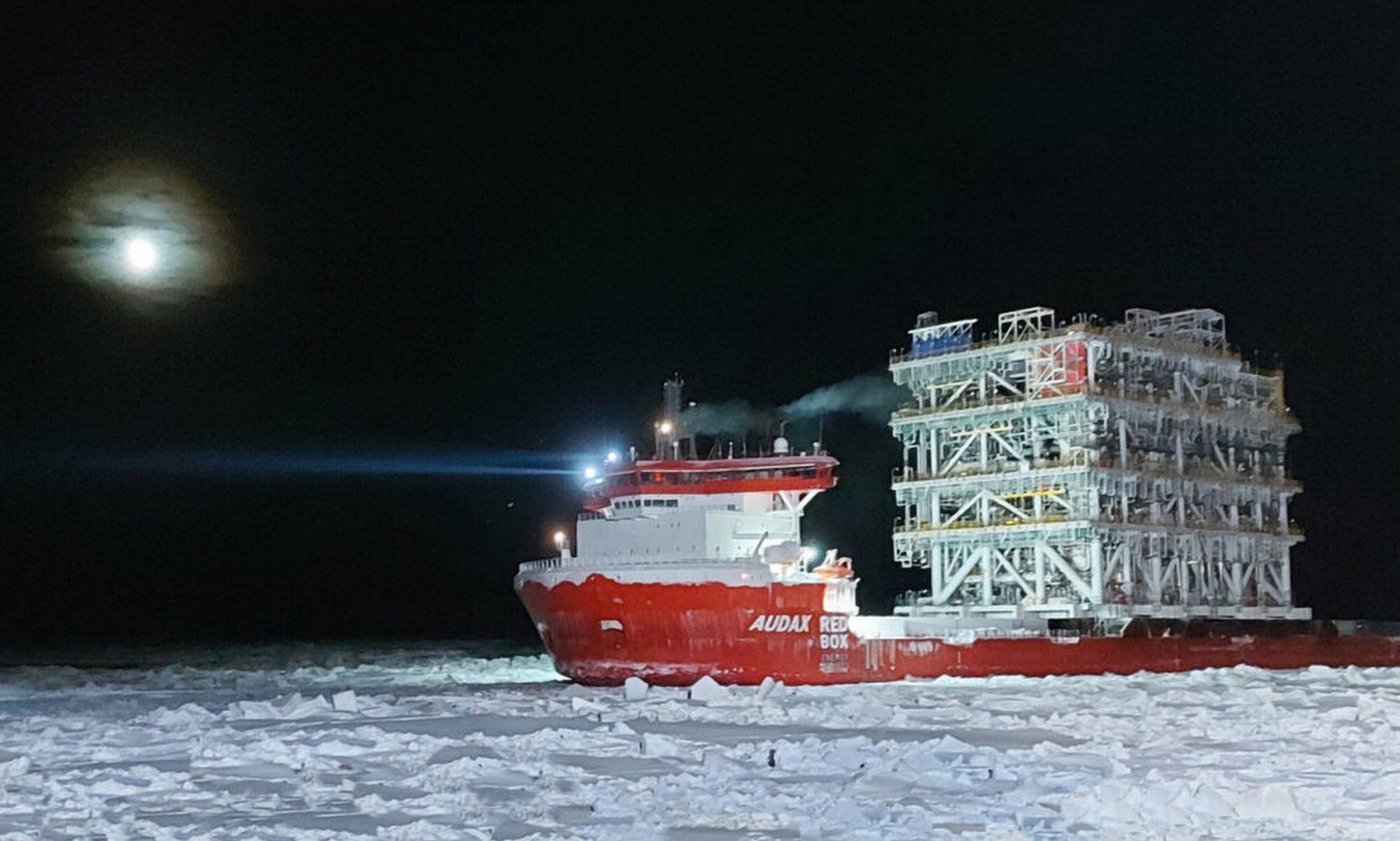 Heavy lift carrier Audax in the Arctic carrying a module for Arctic LNG 2 in February 2022. (Source: Courtesy of Red Box)