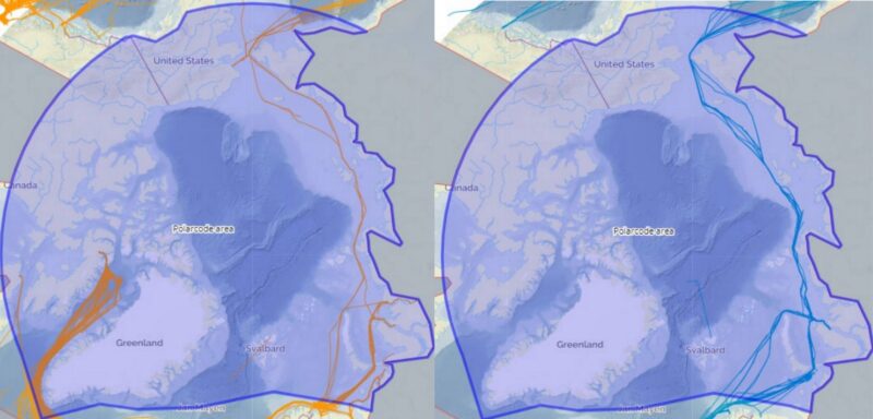 Maps showing tracks of bulk carriers (left in orange) and LNG carriers (right in blue) throughout September 2023. (Source: PAME Arctic Shipping Status Report)
