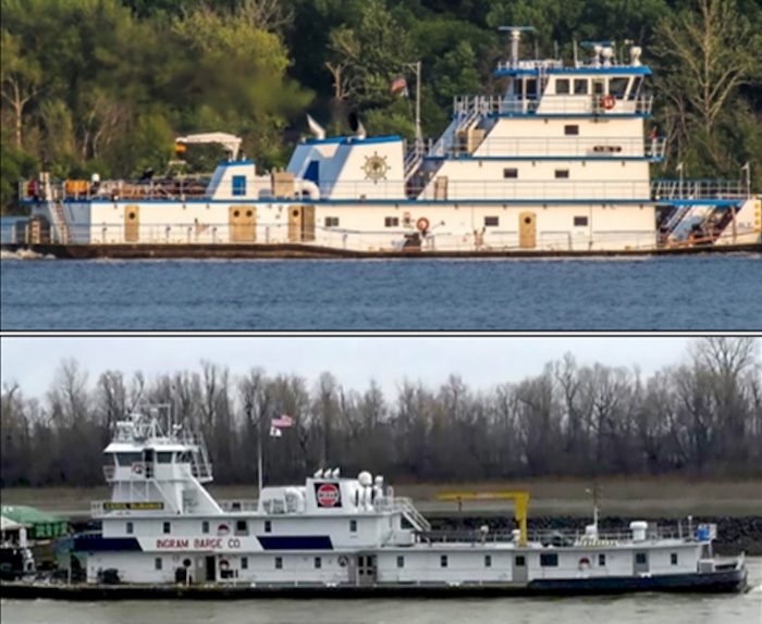 Big D (top) and Carol McManus (bottom) pictured before the collision. (Source: Florida Marine Transporters (top), Ingram Barge Company (bottom))