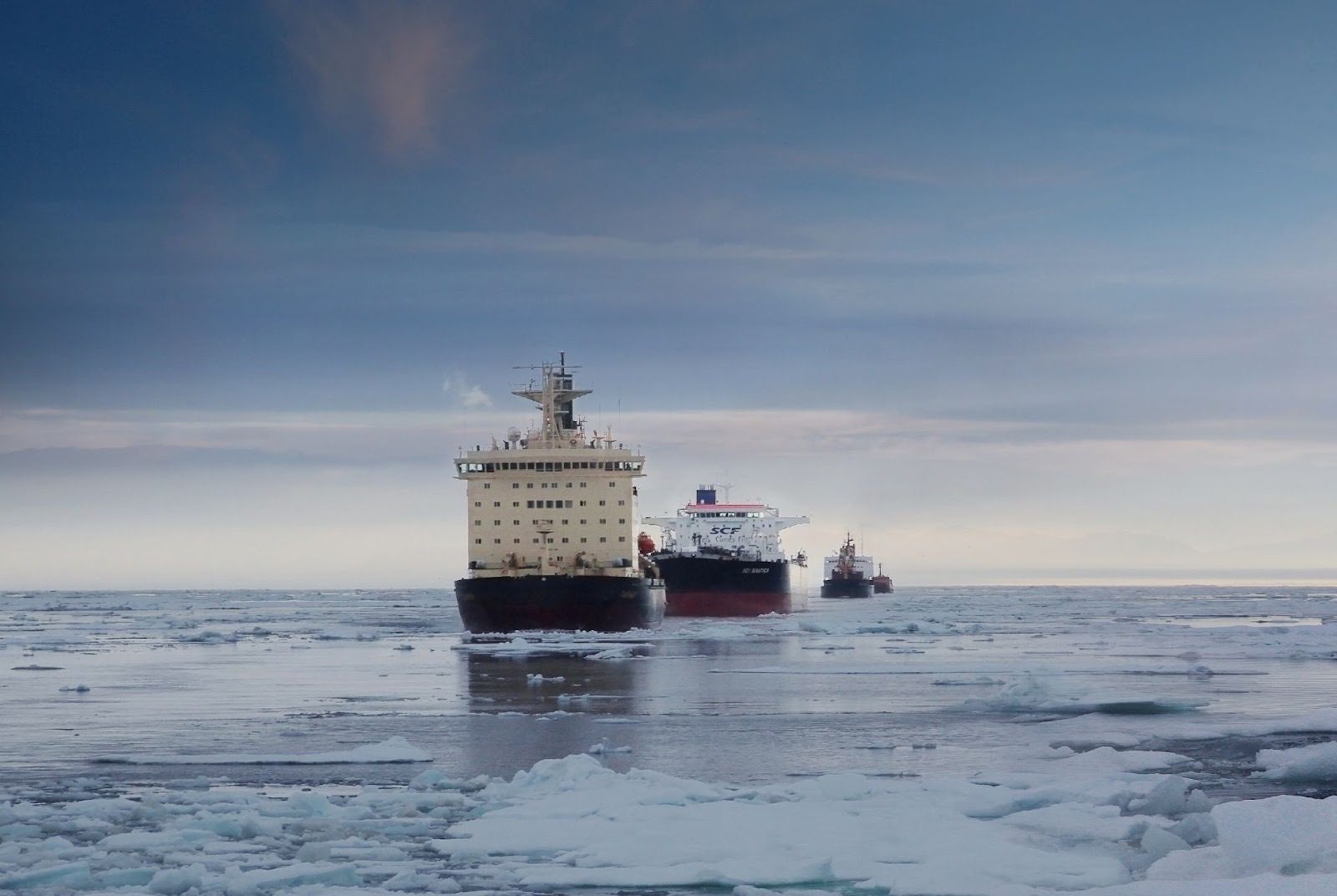 Icebreaker escorting vessels along the Northern Sea Route. (Source: Sovcomflot)