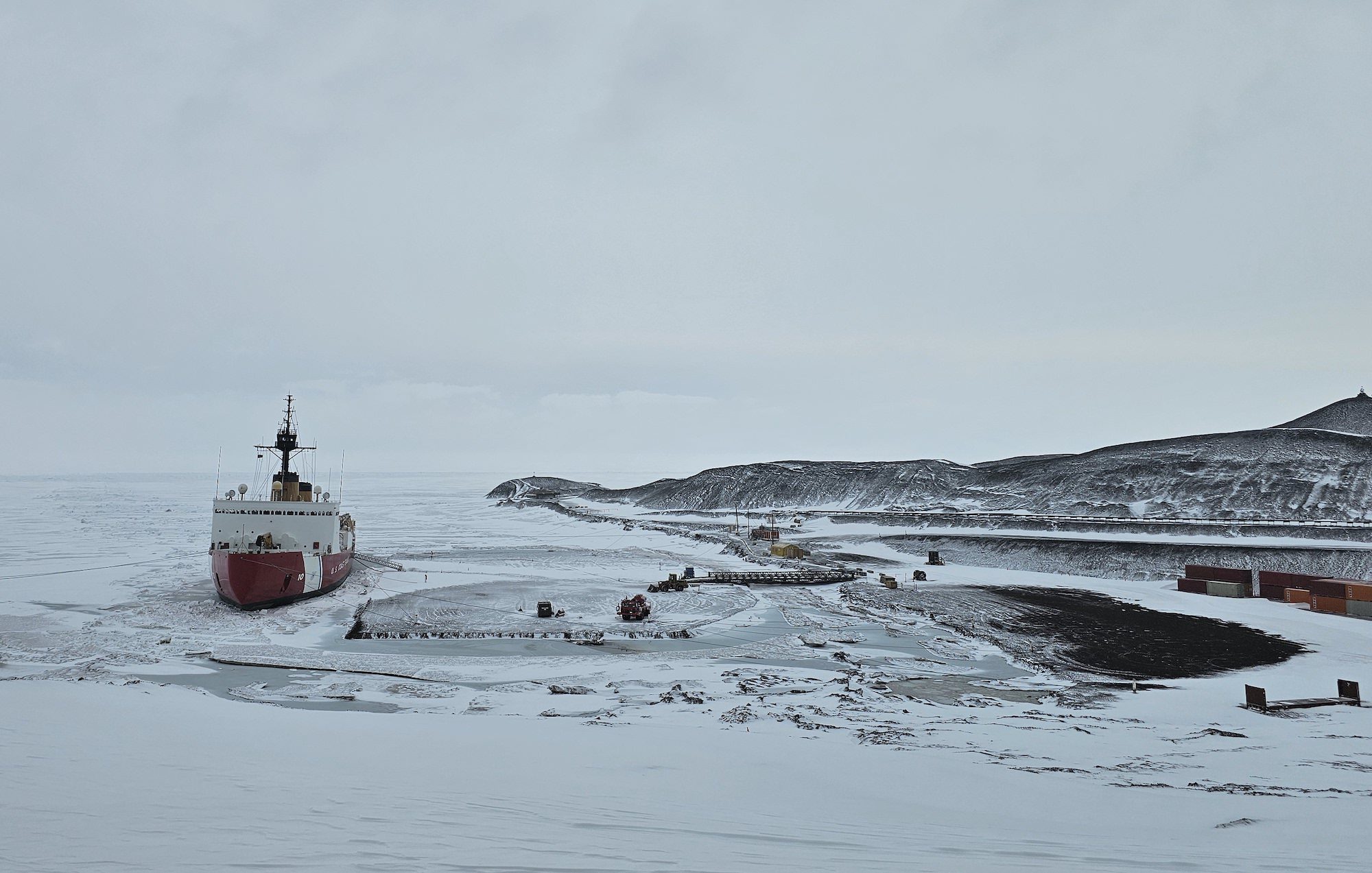 The Coast Guard Cutter Polar Star (WAGB 10) is seen moored up to the ice pier at McMurdo Station, Antarctica, Jan. 17, 2024. U.S. Coast Guard Photo