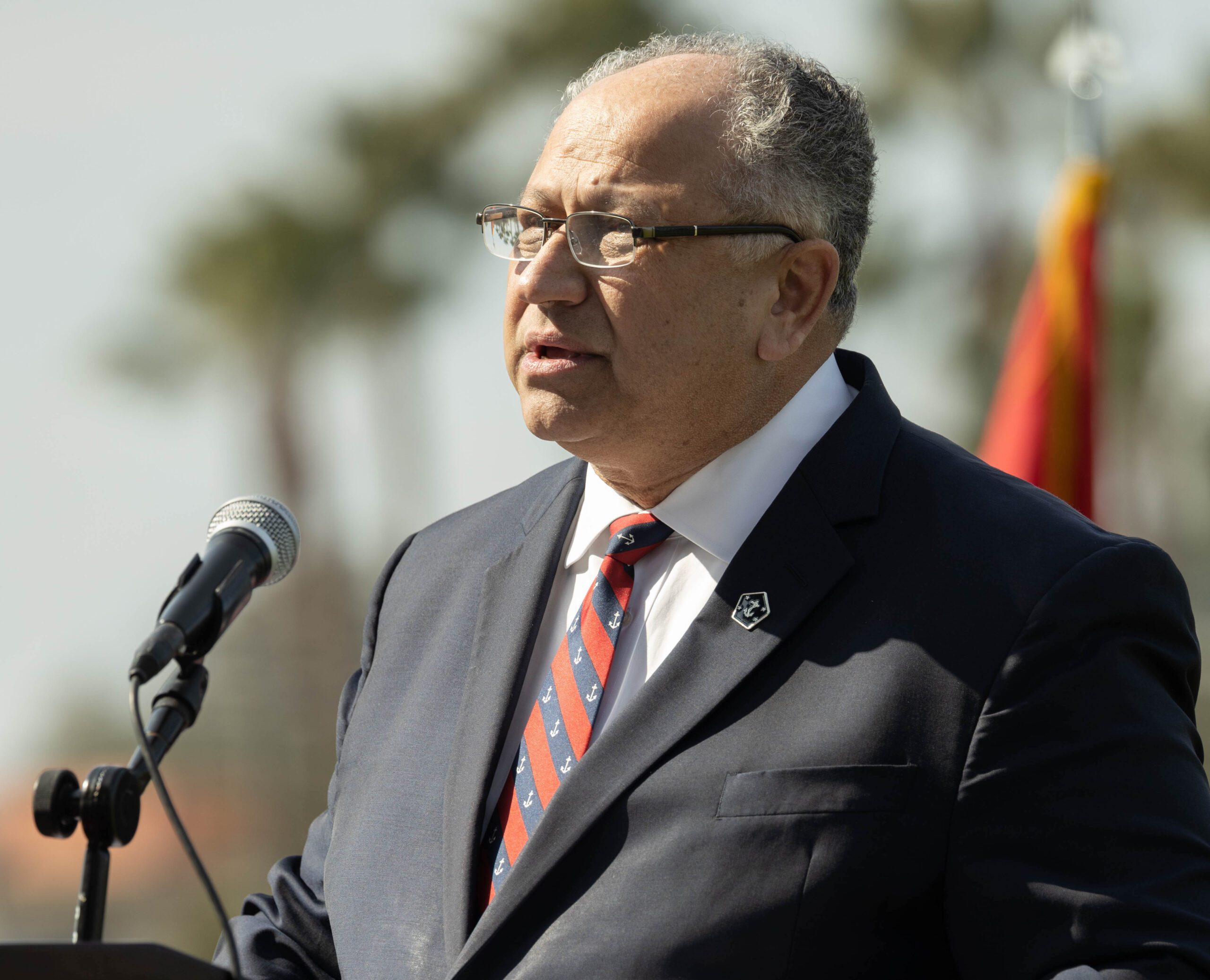 Secretary of the Navy Carlos Del Toro addresses the audience during the I Marine Expeditionary Force change of command ceremony at Marine Corps Base Camp Pendleton, California, Feb. 16, 2024. U.S. Marine Corps photo
