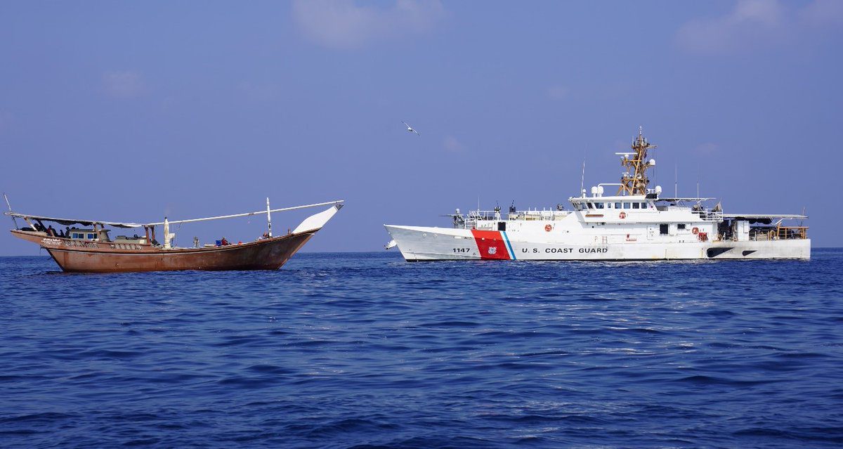 USCGC Clarence Sutphin Jr (WPC 1147) stops a vessel in the Arabian Sea carrying Iranian weapons to the Houthis in Yemen. Photo courtesy U.S. Central Command