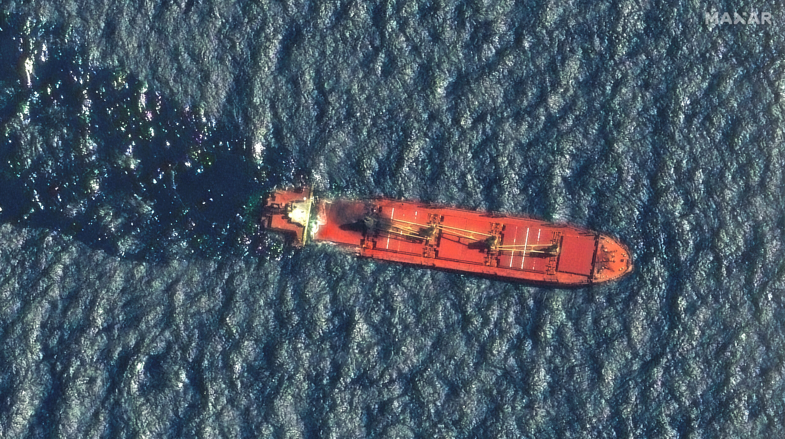 A satellite image shows the cargo ship Rubymar before it sank, on the Red Sea. Maxar Technologies/Handout via REUTERS