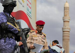 Yahya Sarea, the Houthi military spokesperson, prepares to deliver a statement, during a pro-Palestinian rally saying they launched an attack on the "Pacific 01" ship in the Red Sea with missiles, in Sanaa, Yemen, March 15, 2024. REUTERS/Khaled Abdullah