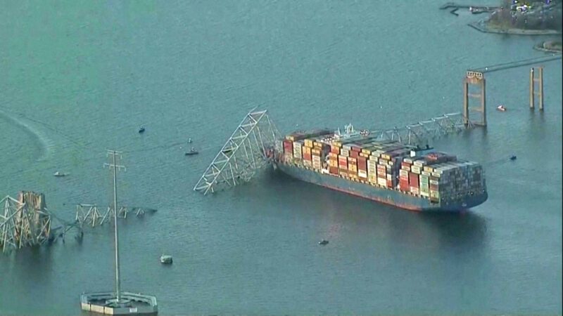 An aerial view of the Dali cargo vessel which crashed into the Francis Scott Key Bridge causing it to collapse in Baltimore, Maryland, U.S., March 26, 2024, in this still image taken from a video.  ABC AFFILIATE WJLA via REUTERS.