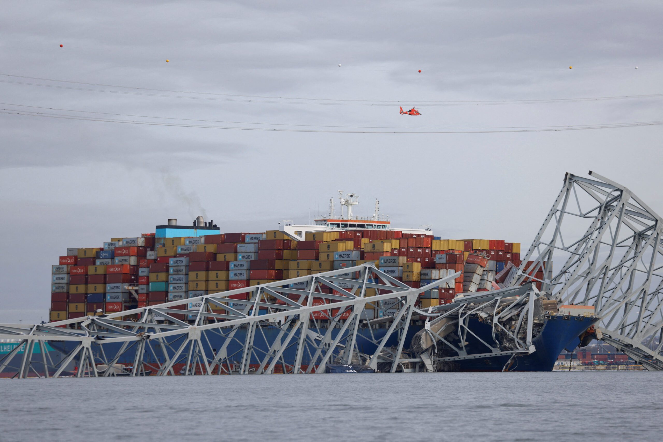 Full view of ship Dali entangled in Baltimore bridge