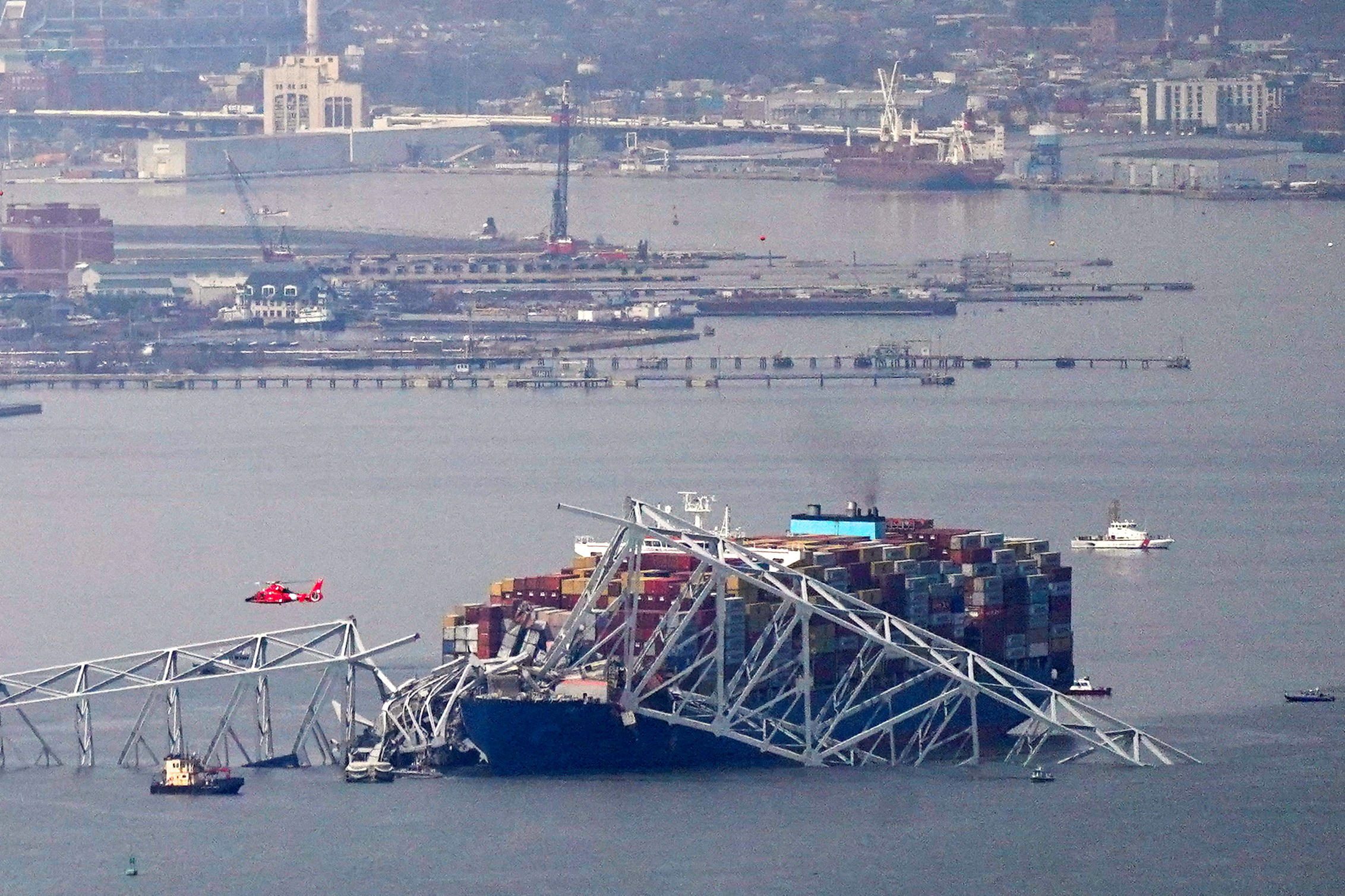 Container-ship Dali entangled in the Baltimore bridge