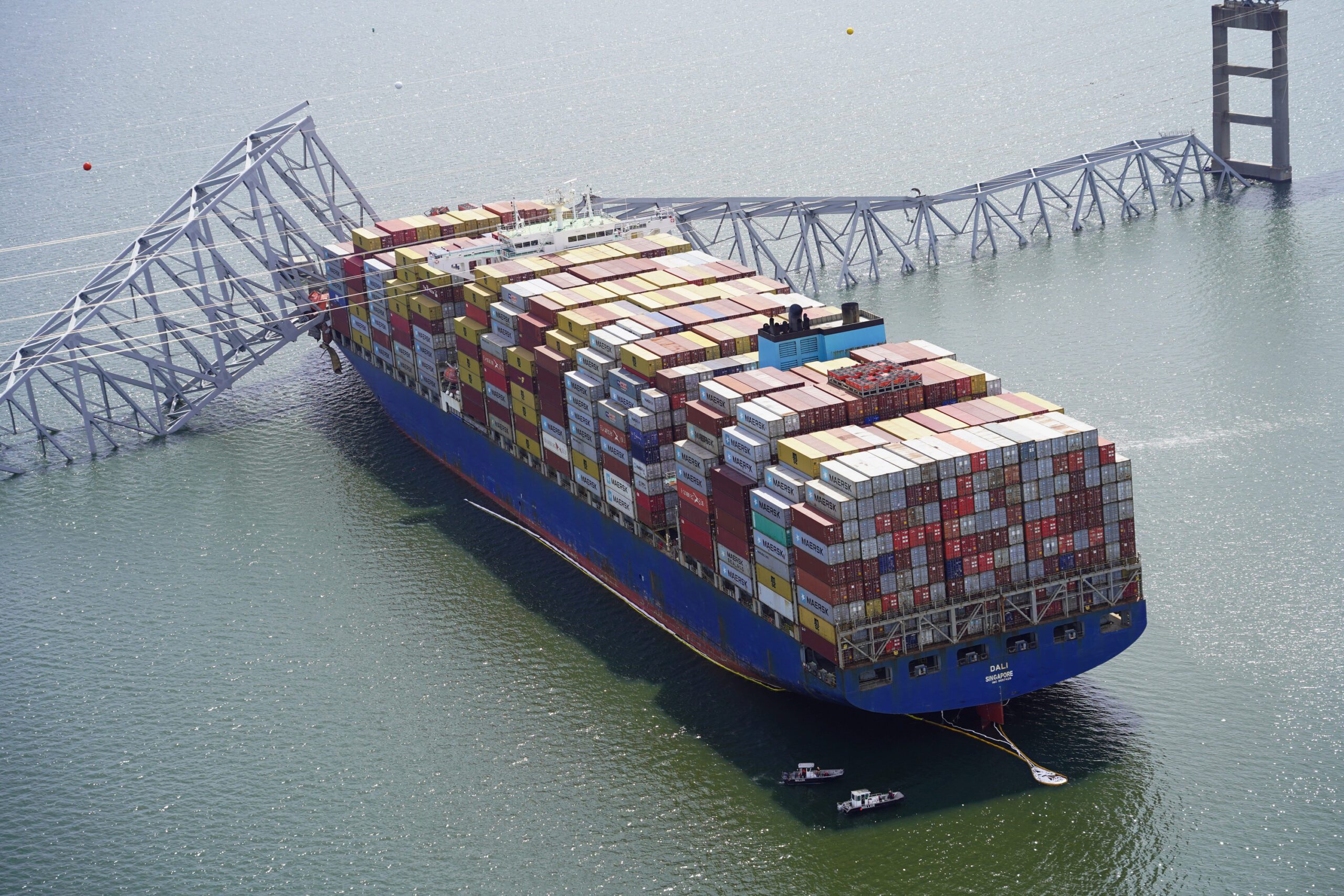 Stern view of containership Dali entangled in the baltimore bridge
