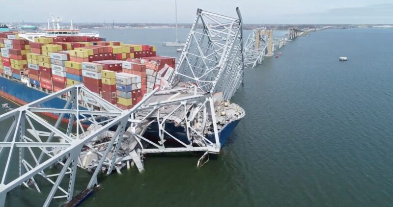 A drone view of the Dali containership, which crashed into the Francis Scott Key Bridge causing it to collapse