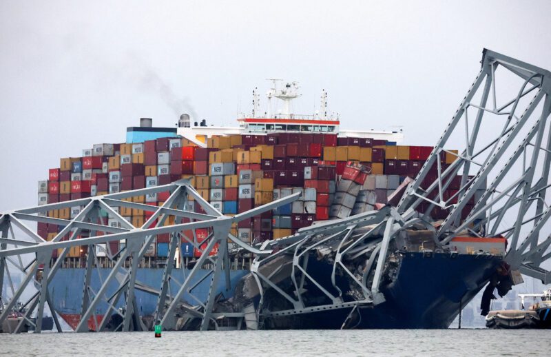 Containership Dali entangled with destroyed baltimore bridge