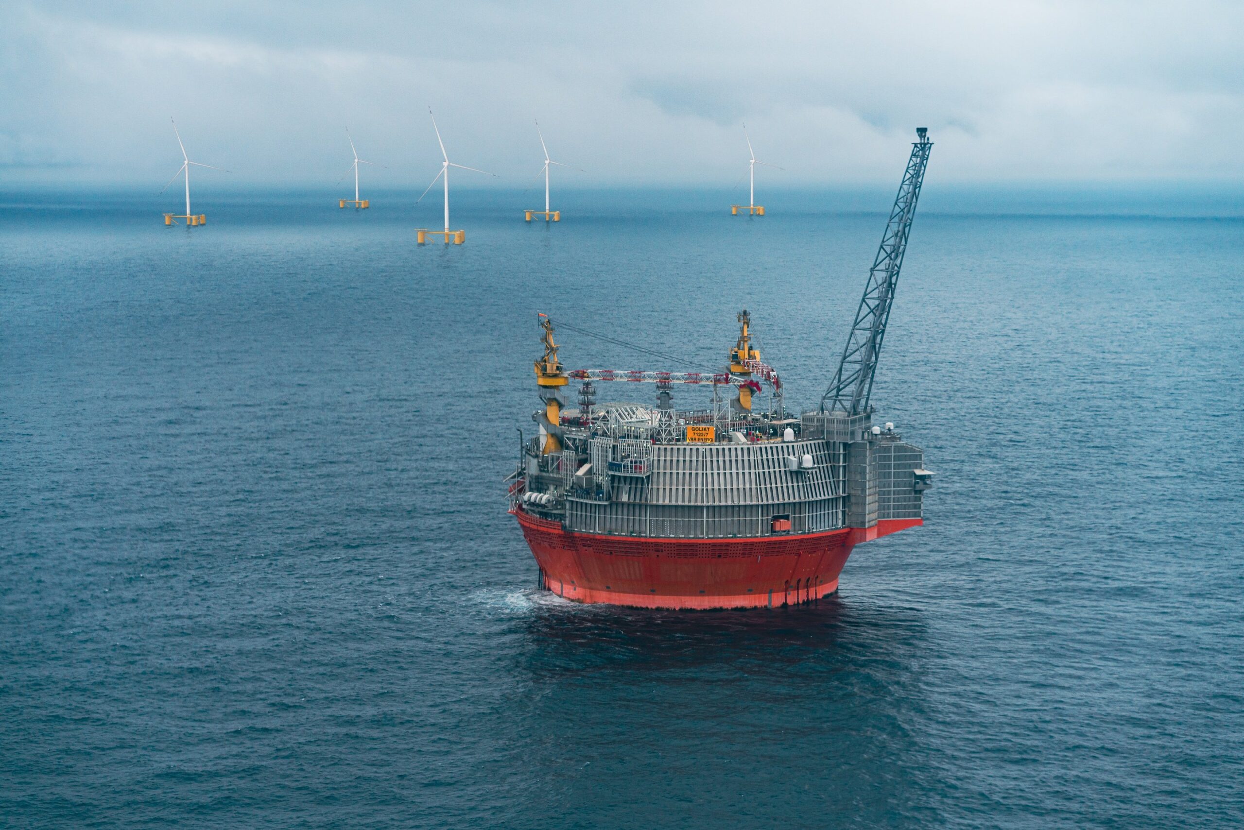 An illustration showing the Goliat FPSO powered by floating offshore wind turbines. Photo courtesy Odfjell Oceanwind
