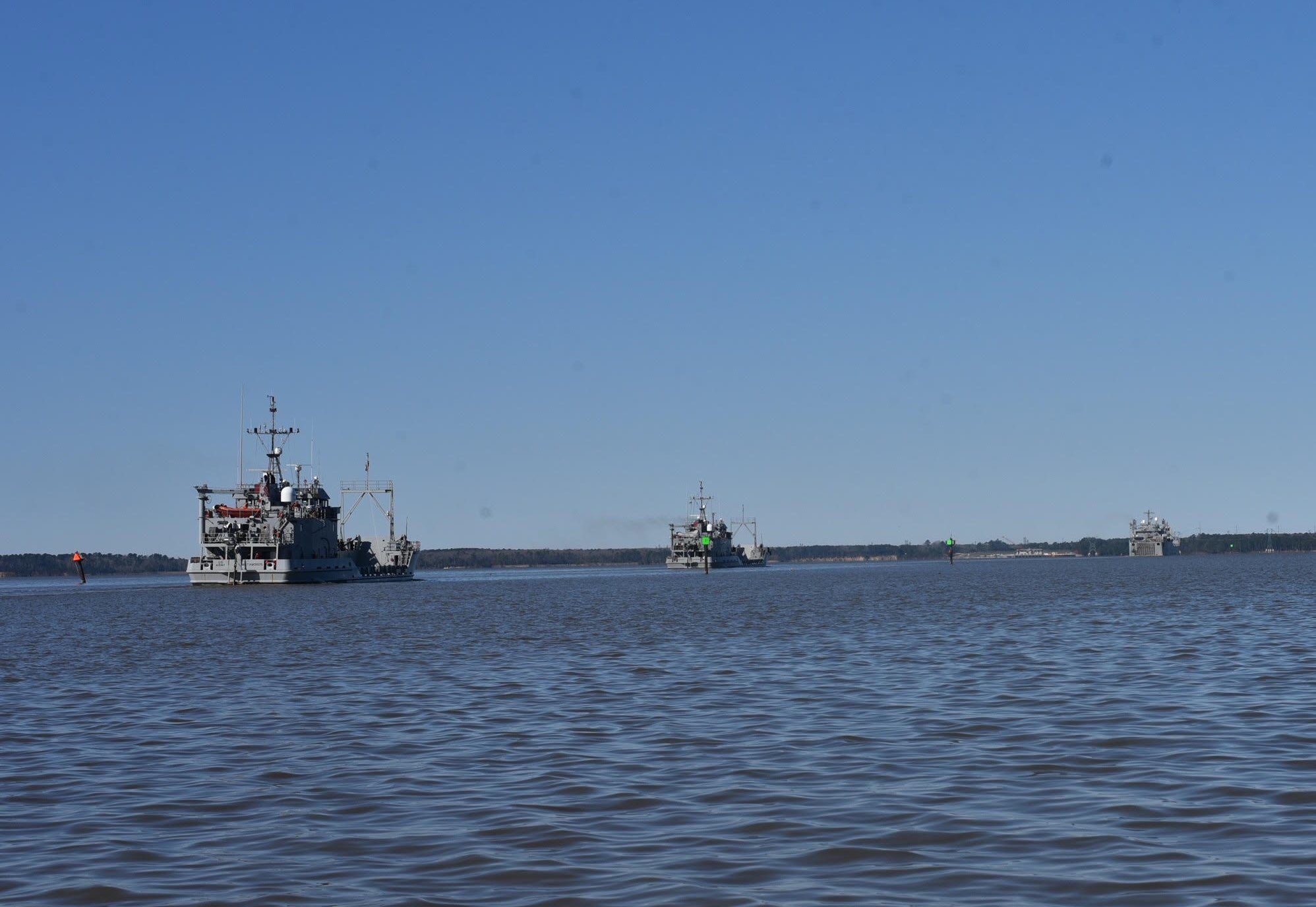 U.S. Army Vessels (USAV SP4 James A. Loux (LSV-6), USAV Monterrey (LCU30), USAV Matamoros (LCU26), and USAV Wilson Warf (LCU11) from the 7th Transportation Brigade (Expeditionary), 3rd Expeditionary Sustainment Command, XVIII Airborne Corps, departed Joint Base Langley-Eustis, March 12, 2024. Photo courtesy U.S. Central Command