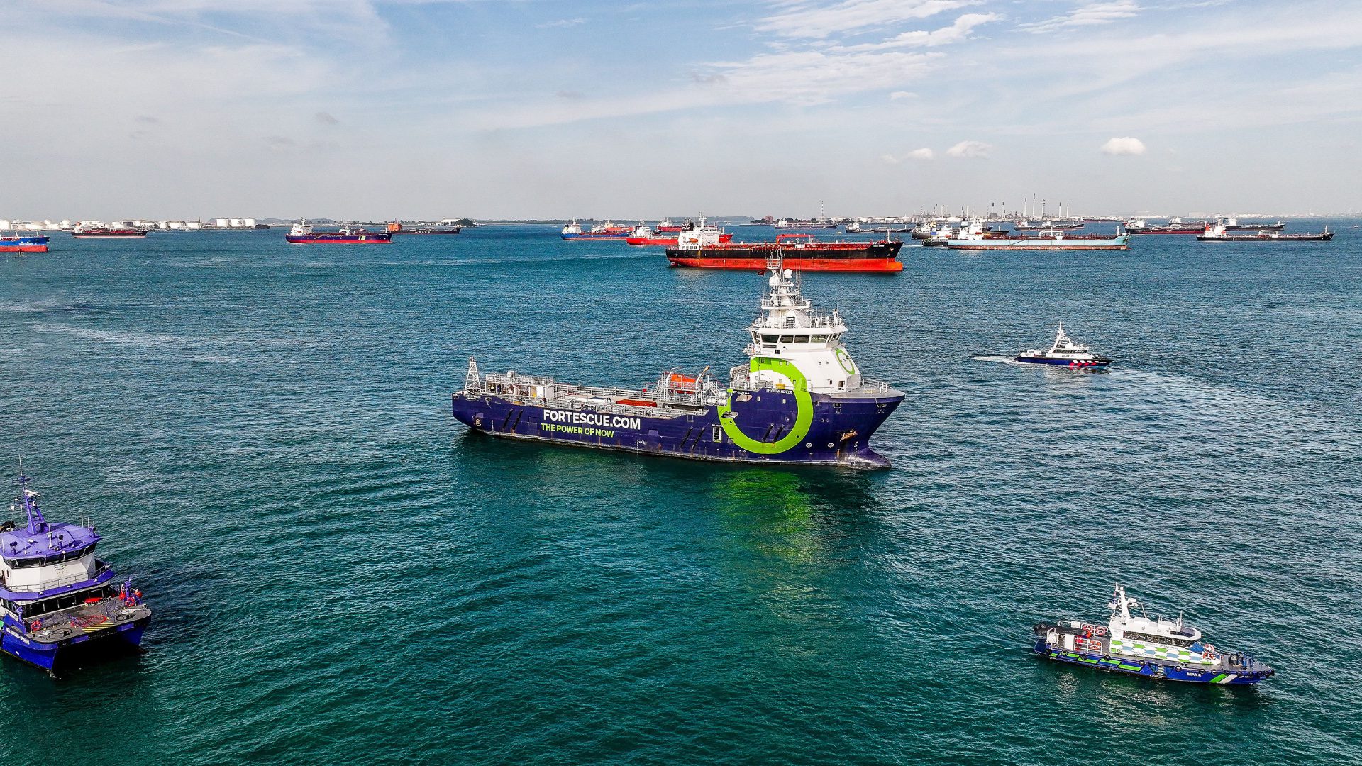 The Fortescue Green Pioneer pictured in the Port of Singapore. Photo courtesy Fortescue