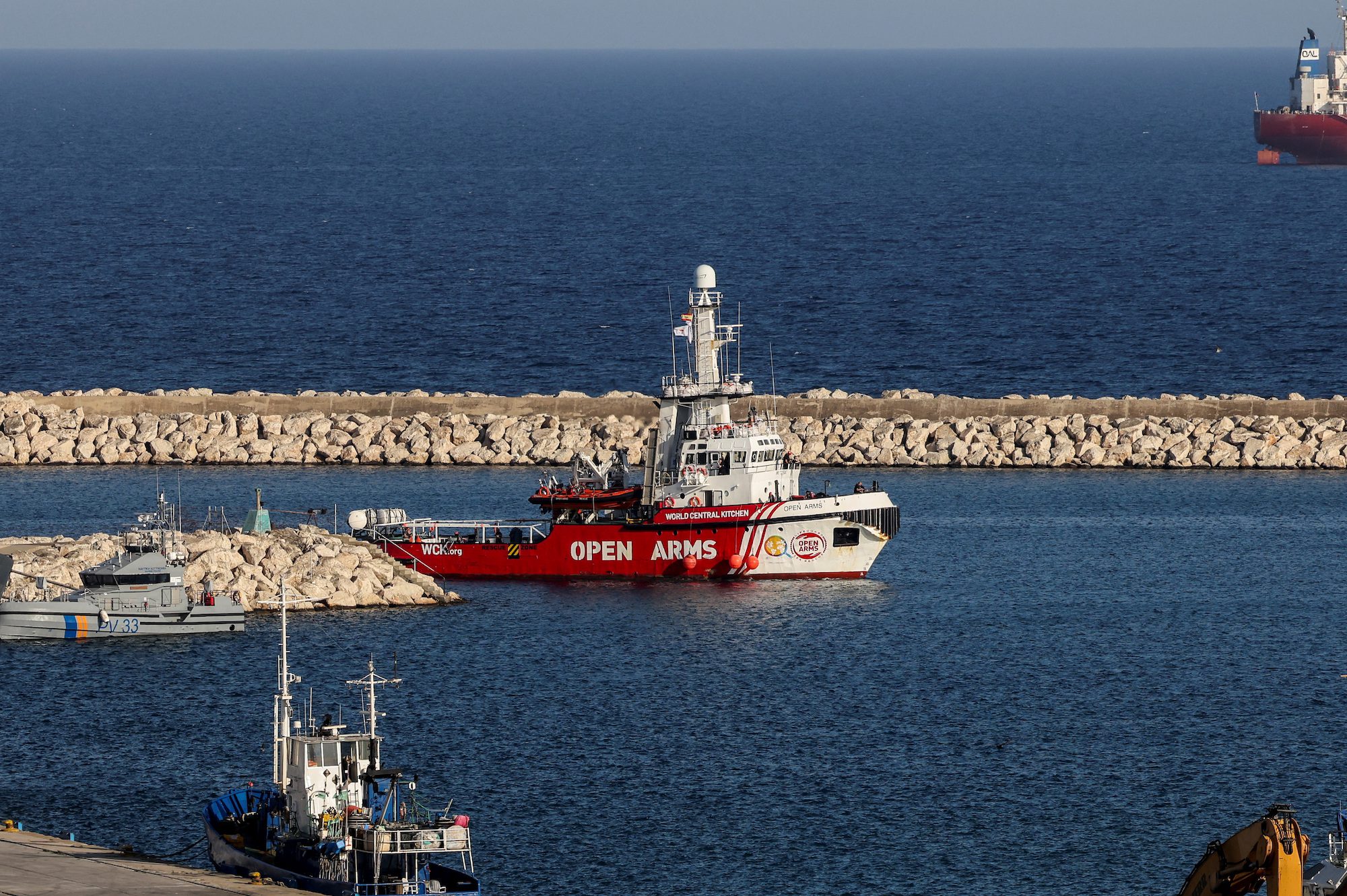 The Open Arms, a rescue vessel owned by a Spanish NGO arrives at the port of Larnaca after pausing the mission of delivering humanitarian aid for Gaza, following the killing of seven aid workers in an Israeli airstrike in Gaza, in Larnaca, Cyprus, April 3, 2024. REUTERS/Yiannis Kourtoglou