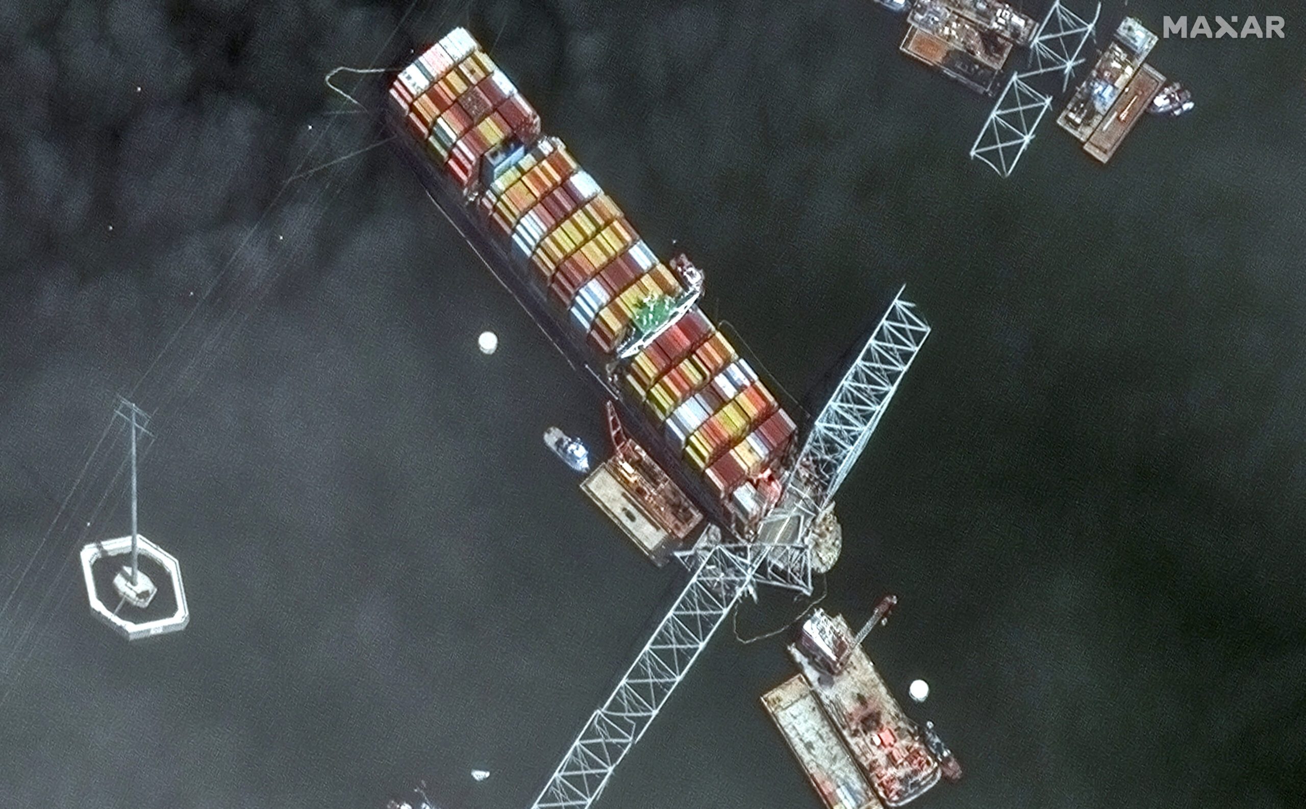 Satellite image shows a closer view of the Dali container ship and a collapsed Francis Scott Key Bridge, in Baltimore, Maryland. Maxar Technologies/Handout via REUTERS