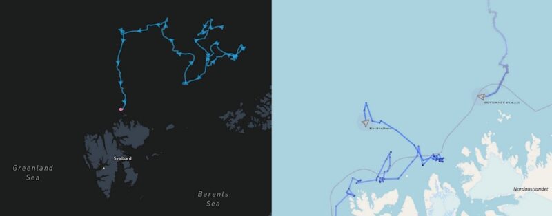 Screenshots of AIS tracks showing the drift of Severniy Polus toward Svalbard and operations of KV Svalbard in the vicinity. (Source: Shipinfo.net)
