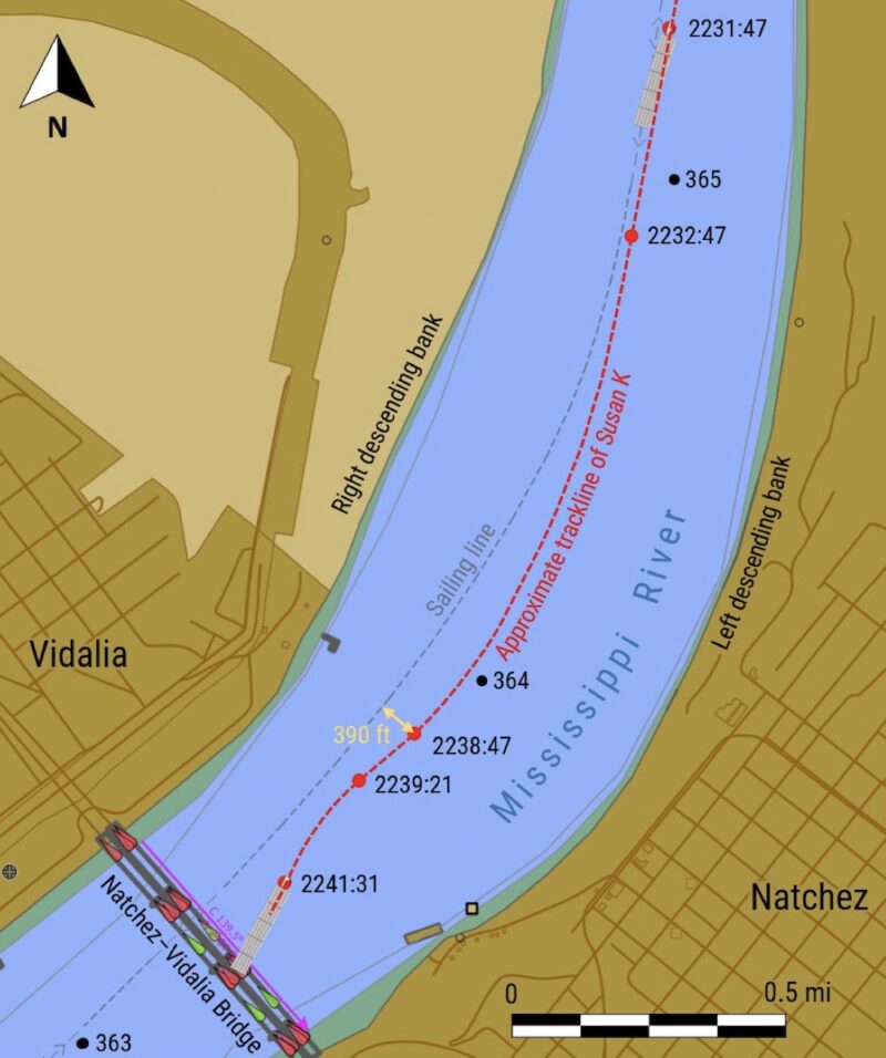 AIS positions of the Susan K, as indicated by red dots. The NTSB approximated the trackline of the Susan K due to limited AIS data
