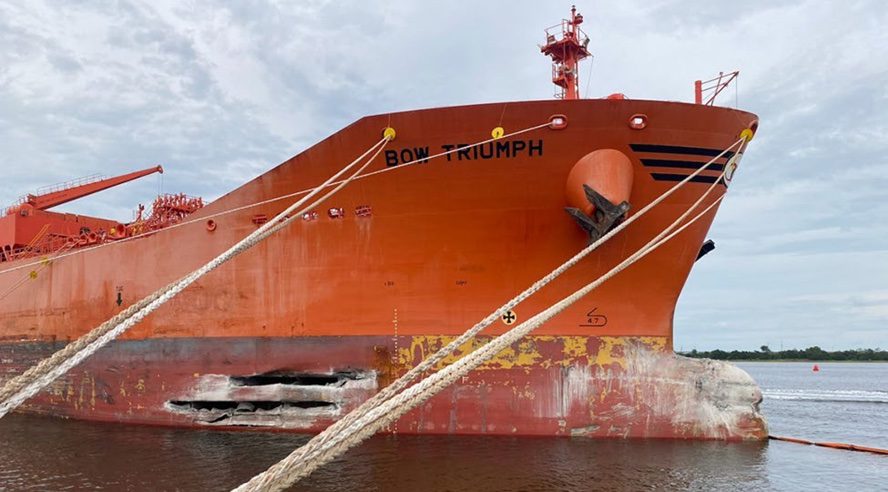 Bow Triumph at the Odfjell Terminal in Charleston on September 8, 2022, showing damage to the vessel’s starboard side. U.S. Coast Guard Photo