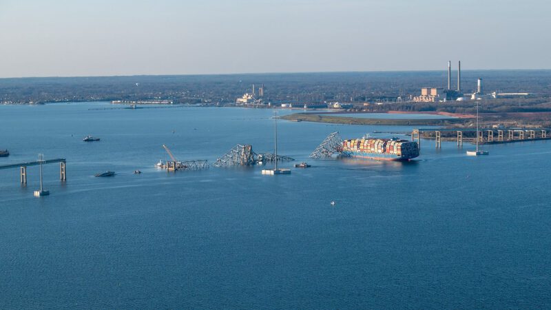 The M/V Dali is shown with the collapsed Francis Scott Key Bridge on March 30, 2024, in Baltimore.