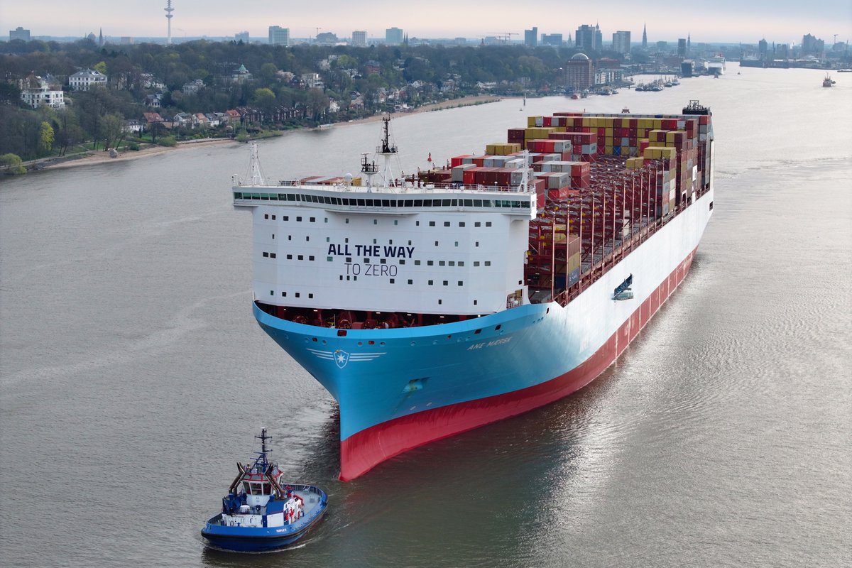 Ane Maersk arrives at the Port of Hamburg on maiden voyage.