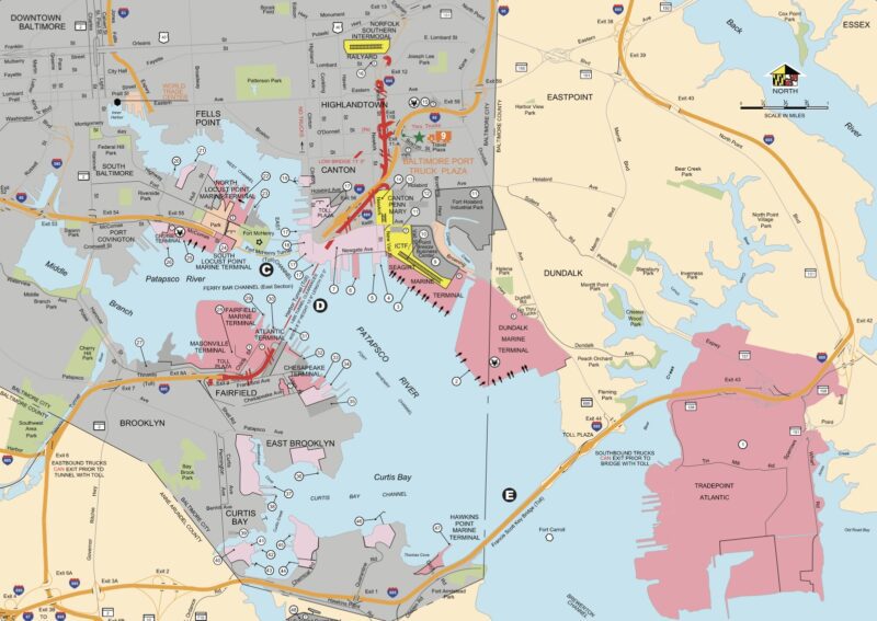 The Tradepoint Atlantic facility, pictured bottom right in pink, in relation to the Francisco Scott Key Bridge and other Port of Baltimore terminals. 