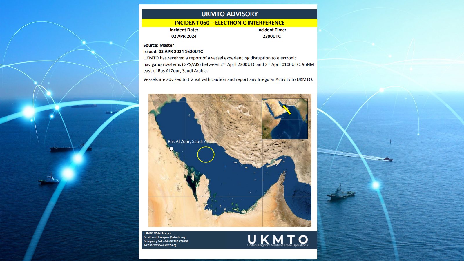 UKMTO incident alert overlaid on an image of ships