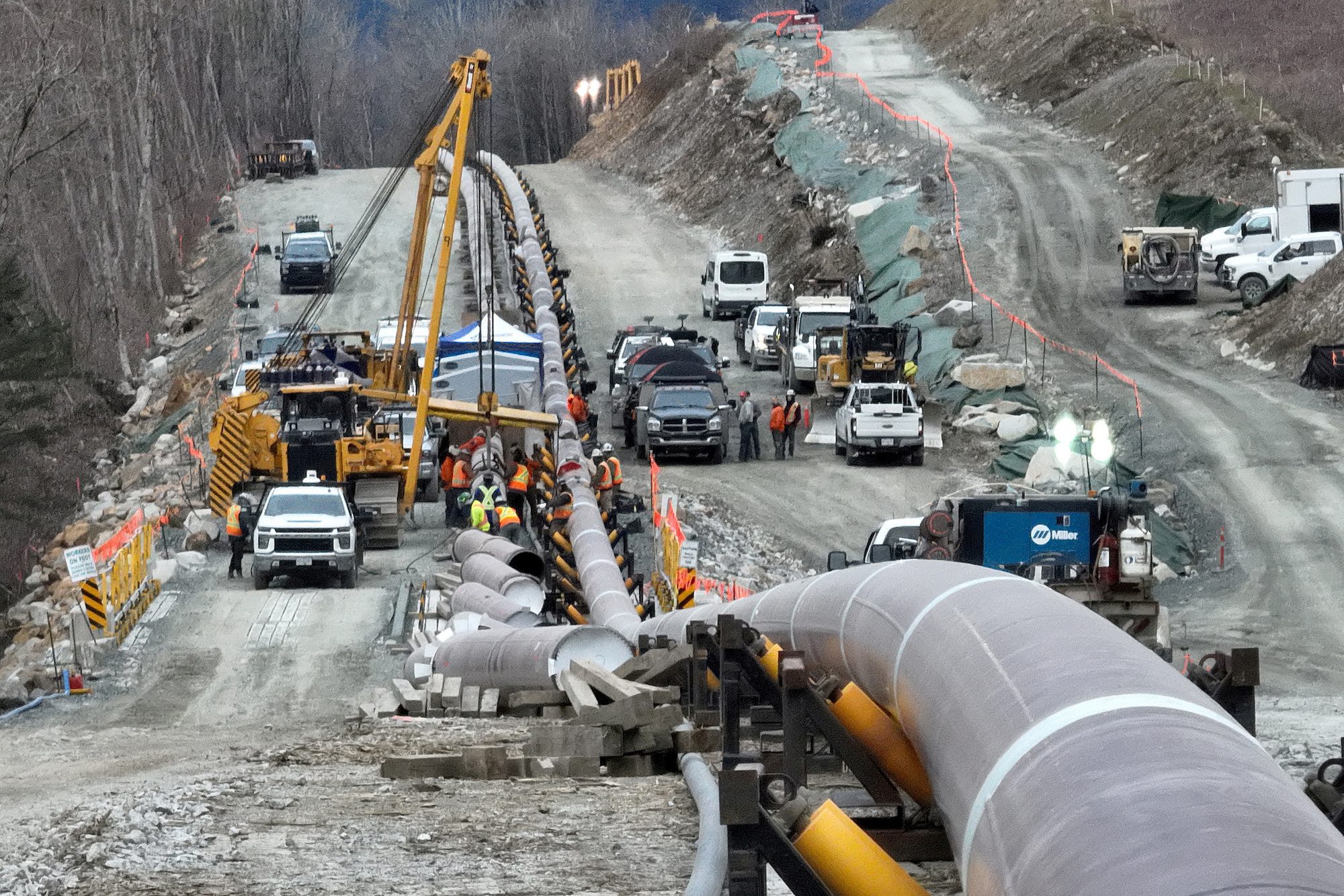 FILE PHOTO: The last section of pipeline is assembled on the Trans Mountain pipeline expansion project before operations are expected to begin in the second quarter of 2024, near Laidlaw, British Columbia, Canada, February 18, 2024. REUTERS/Chris Helgren/File Photo